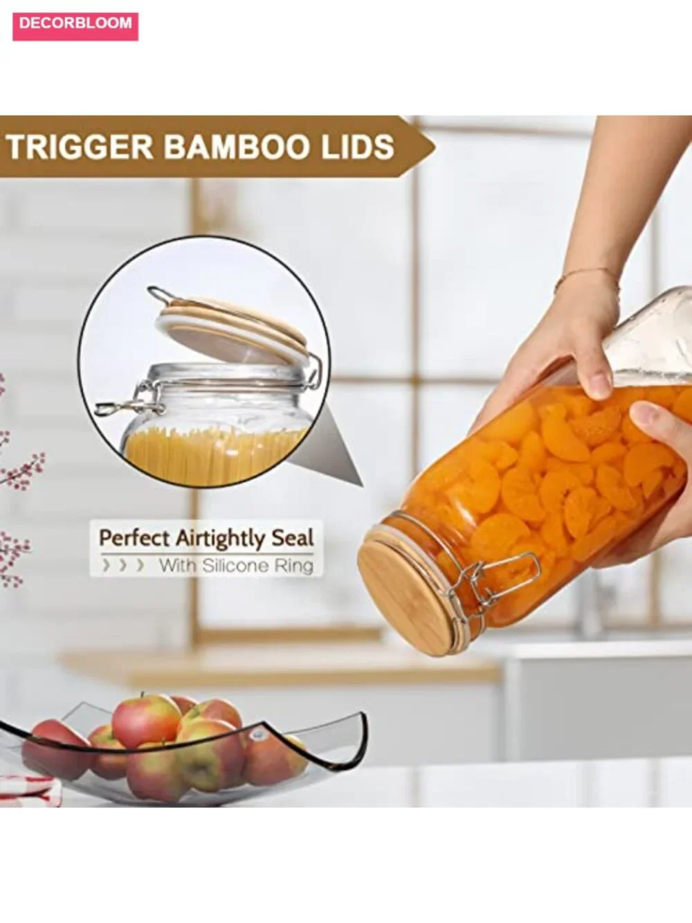 Tall 92oz Glass Jars with Airtight Lids, 3-Pack Square Mason Jars for Pantry